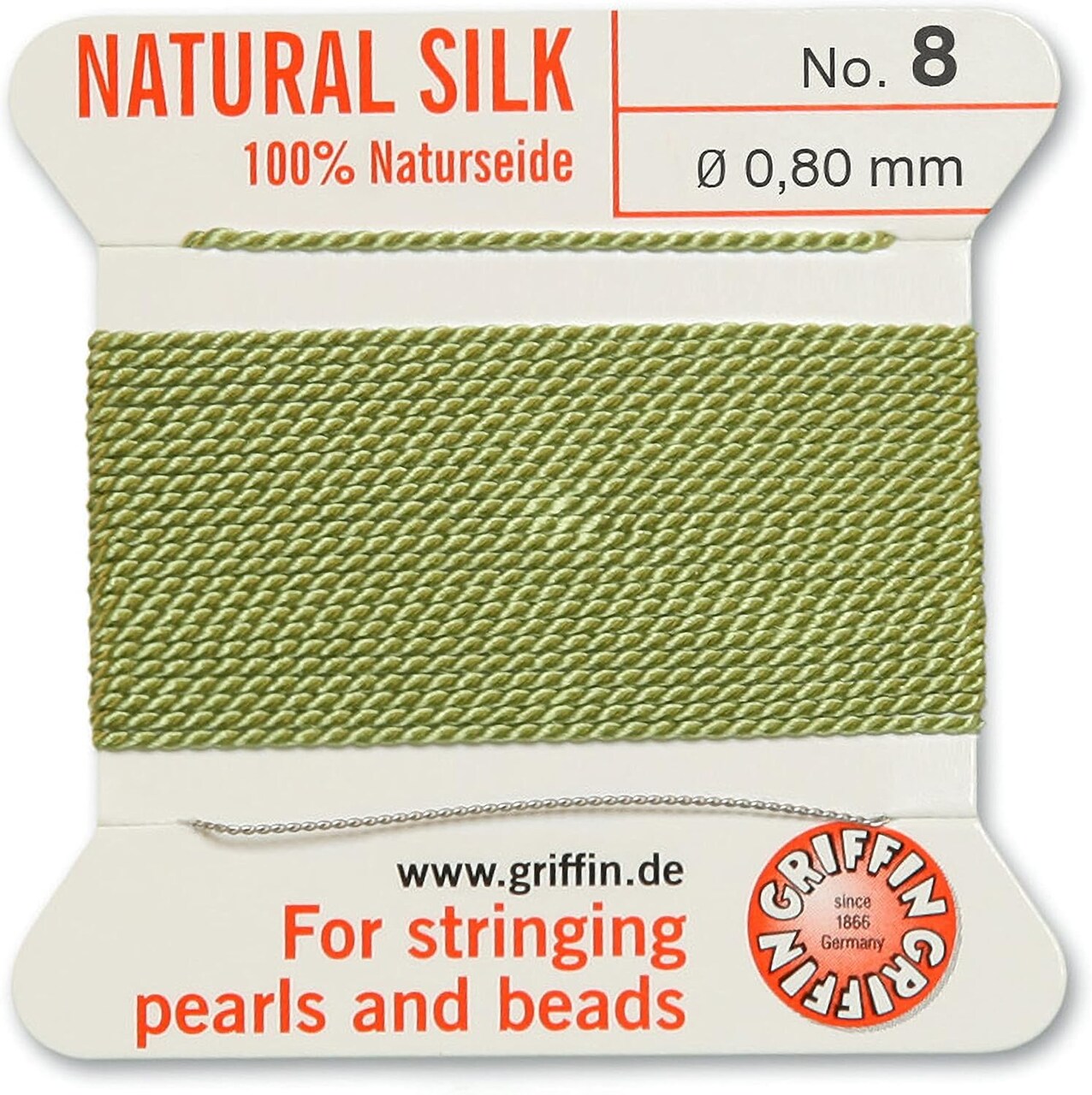 Griffin Silk Bead Cord Perlseide – Size 8 (0.80mm) – 2 Meters per Card – Stainless Steel Needle Attached – for Knotting Pearls, Gemstones, Crystals and Beads